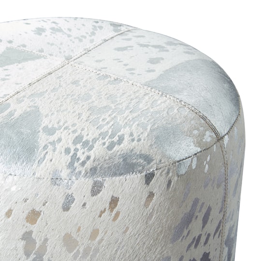 17" Silver & White Leather & Wood Glam Ottoman